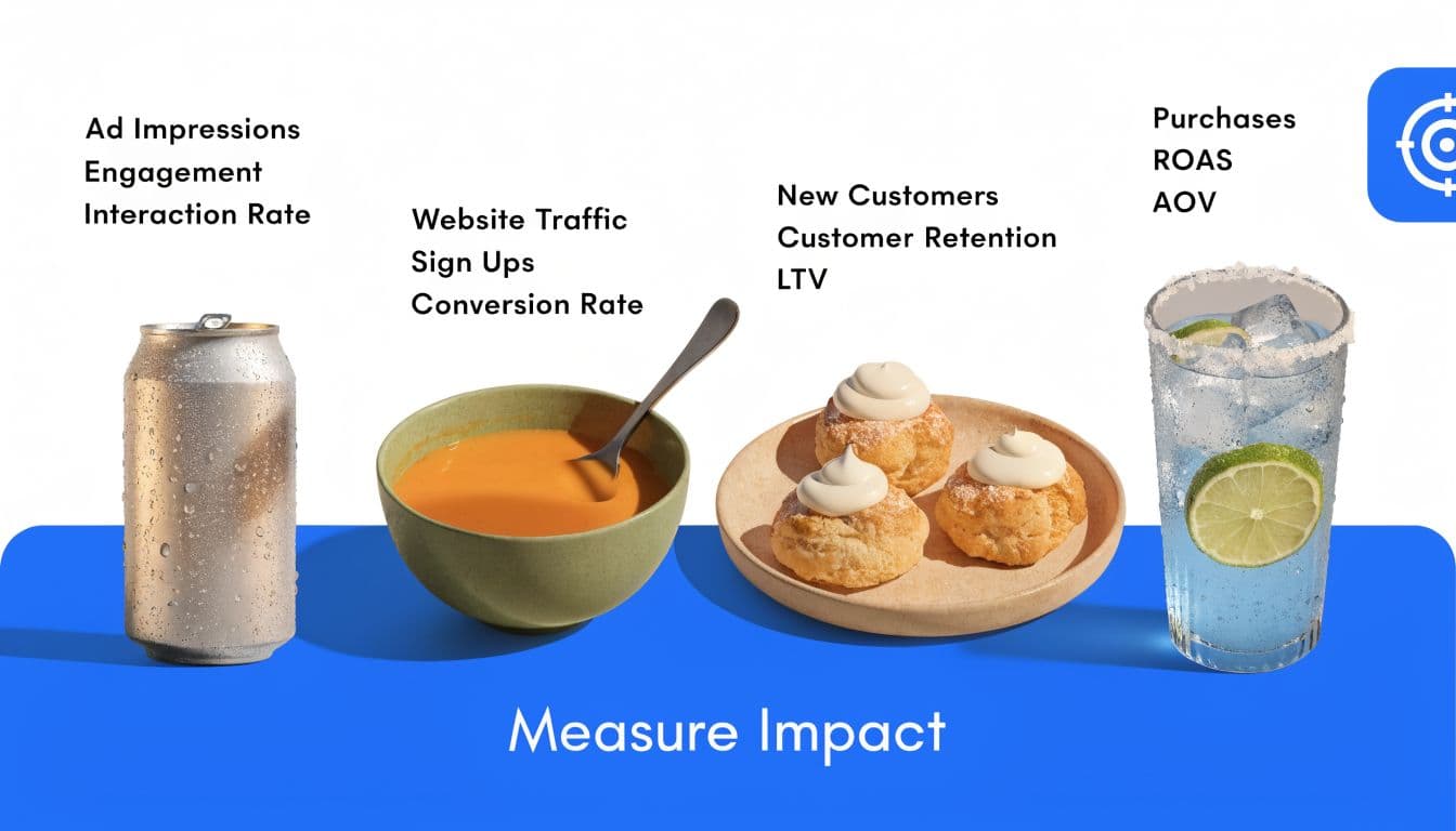 A marketing funnel illustration showing food items representing stages of customer acquisition and business impact metrics.