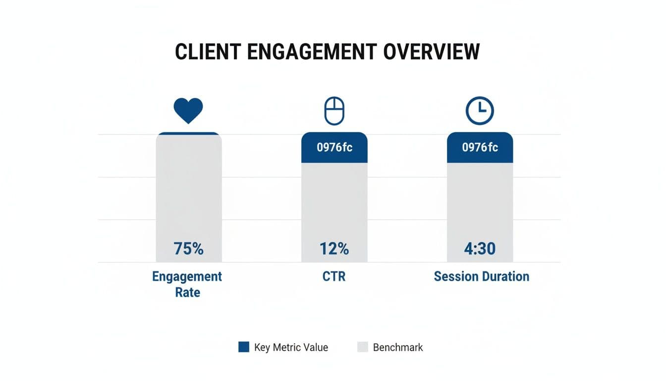 Client engagement overview chart showing engagement rate 75%, click-through rate 12%, and session duration 4:30.