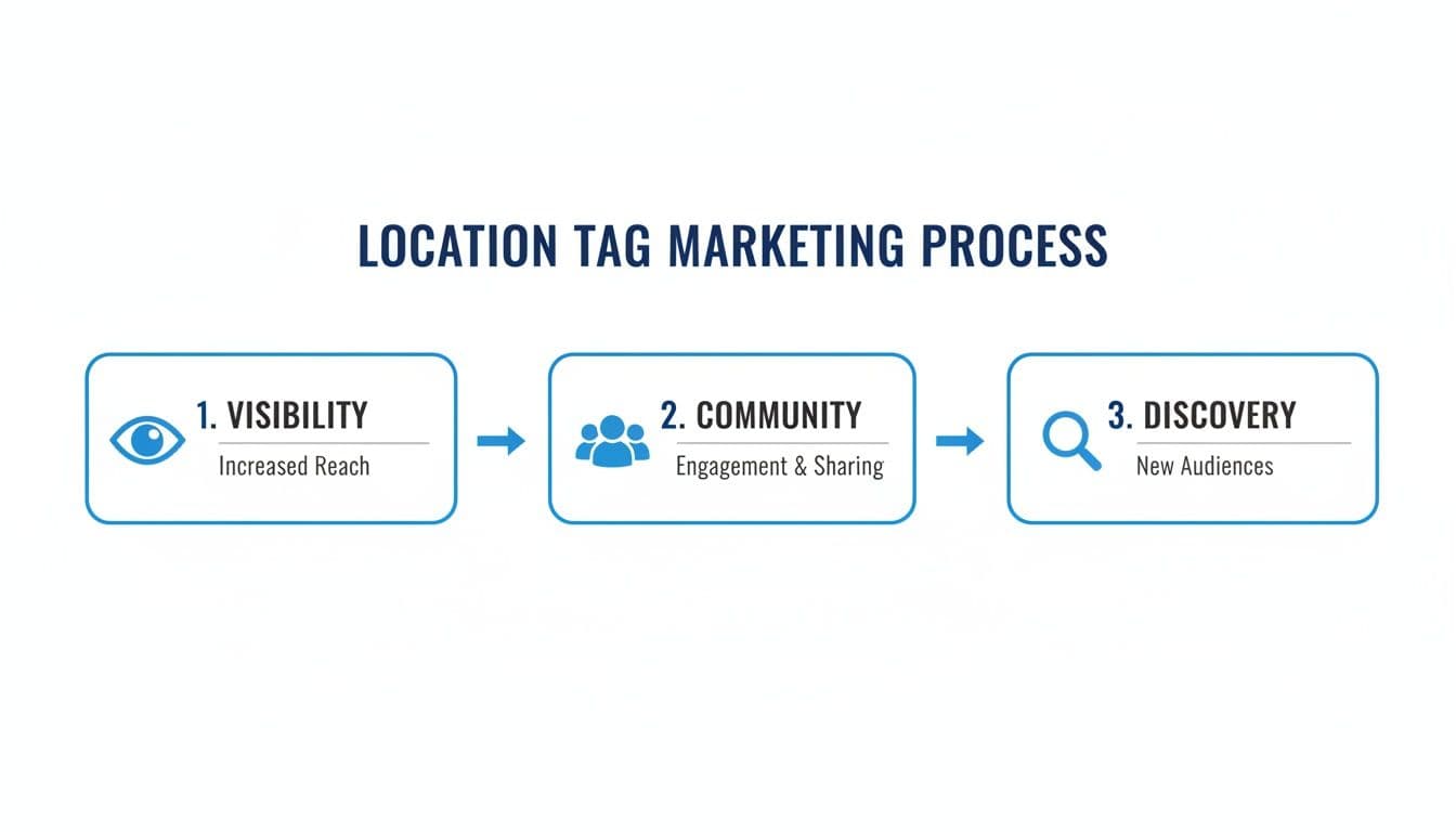 A diagram illustrating the three-step location tag marketing process: visibility, community, and discovery for increased reach and new audiences.
