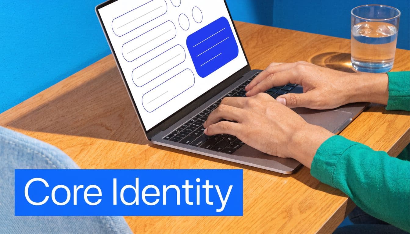 A person types on a laptop computer displaying a business profile design at a wooden desk.