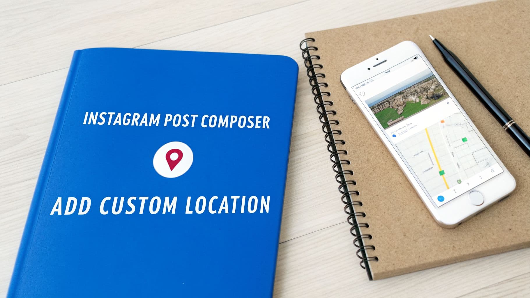 A blue notebook with 'Instagram Post Composer' and 'Add Custom Location' text, next to a smartphone showing a map.