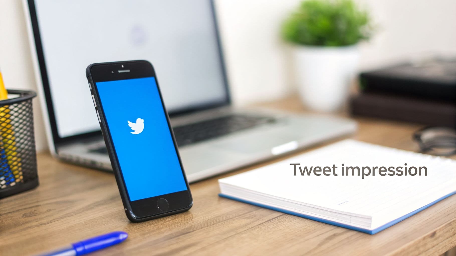 A smartphone displaying the Twitter logo on a wooden desk next to a laptop and a notebook with "Tweet impression."