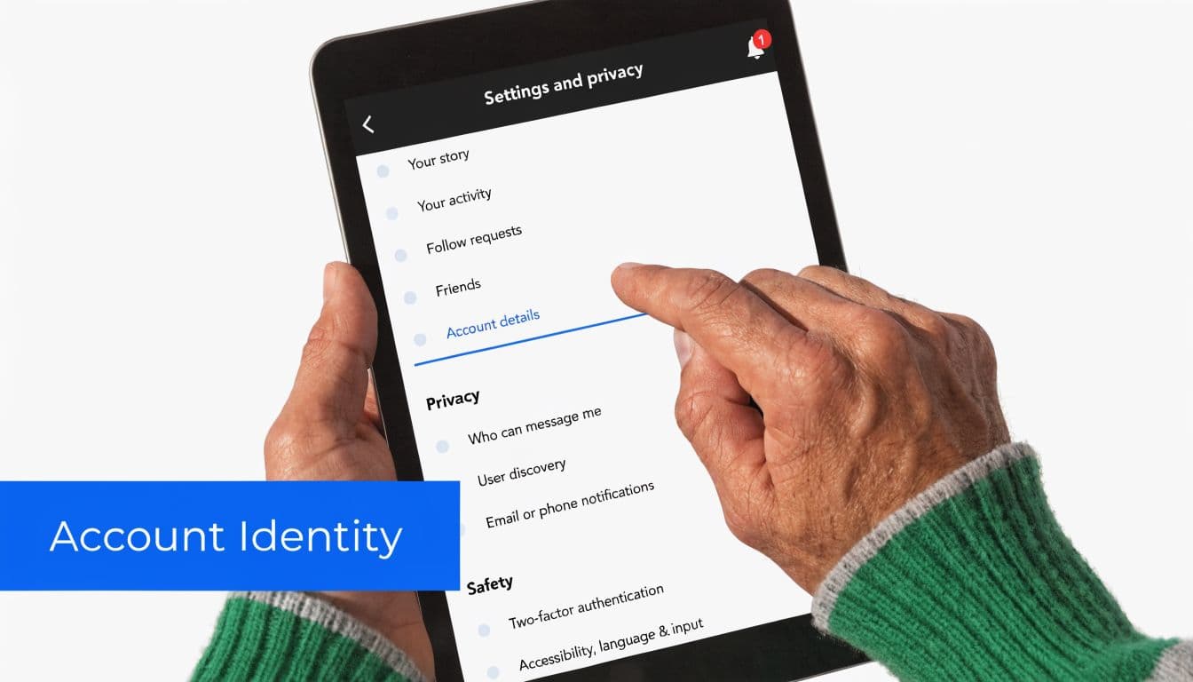 An older man's hands using a tablet to navigate account settings and privacy options on social media.