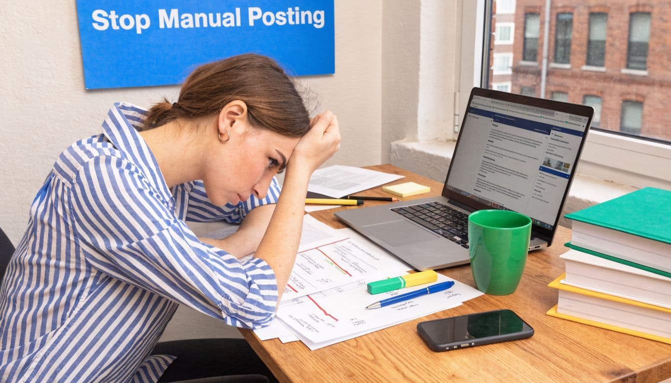 Stressed professional working at a desk while trying to manage real estate social media tasks manually.
