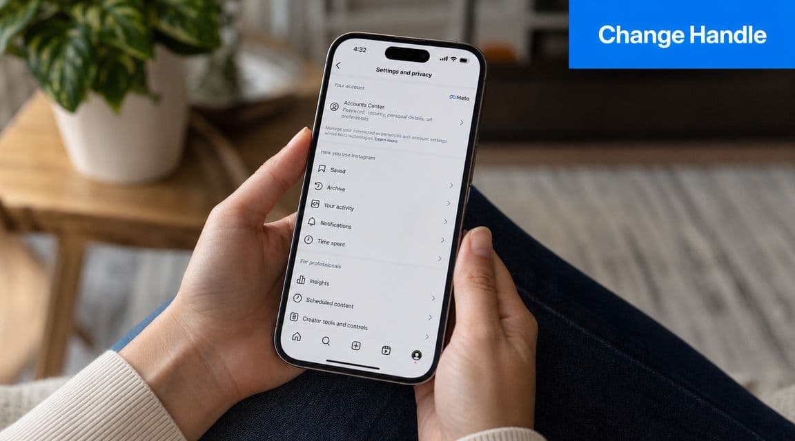 A person holding a smartphone showing the Instagram settings and privacy menu on the screen.