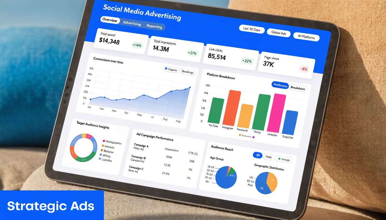 A digital tablet displaying a comprehensive Social Media Advertising analytics dashboard with various charts and performance metrics.