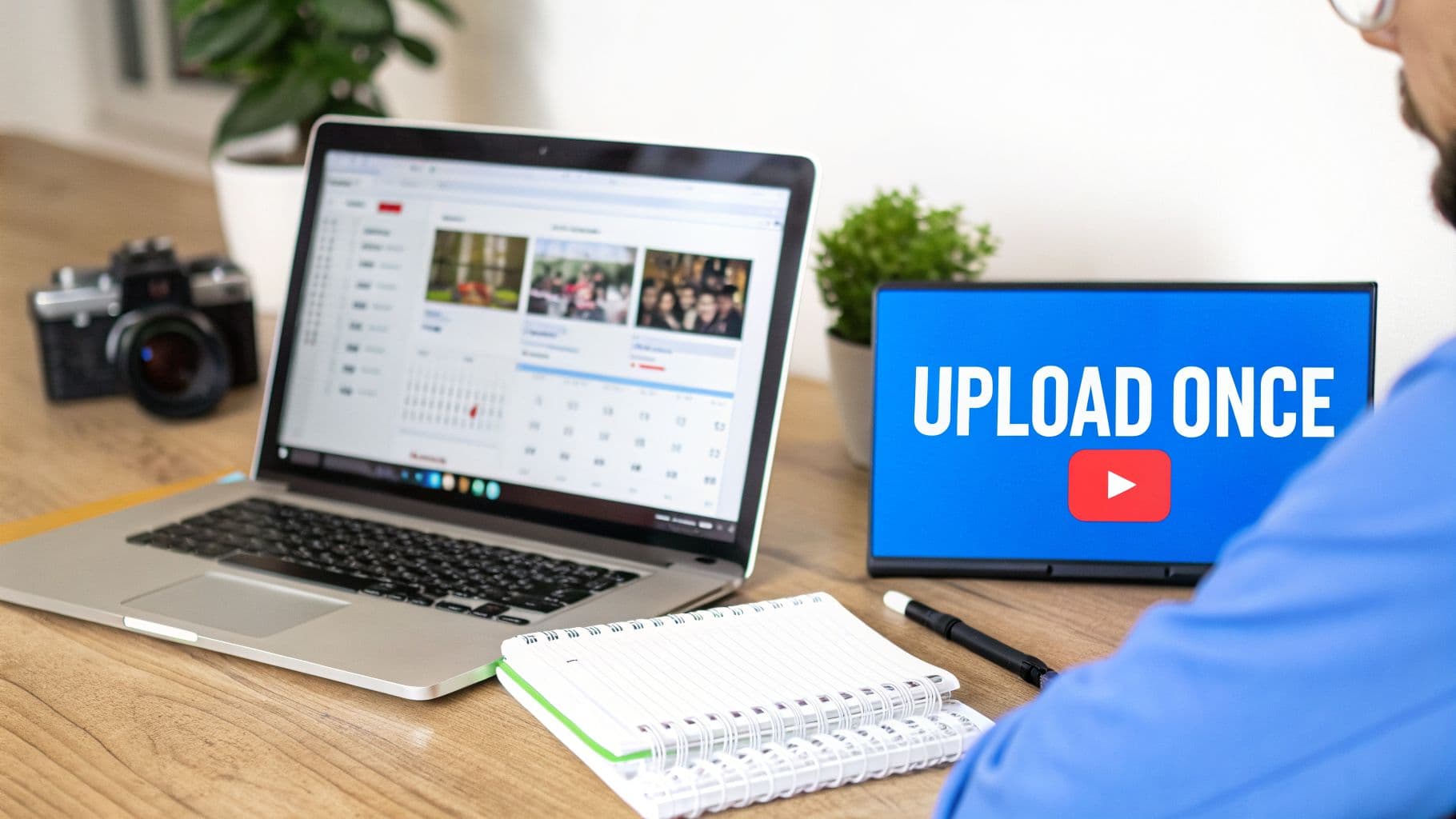 Person at a desk with laptop and screen displaying 'UPLOAD ONCE' and a YouTube logo.