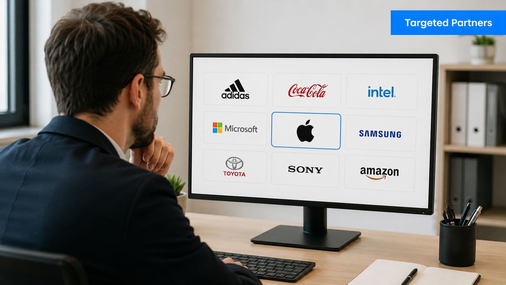A professional man at a desk looking at a computer screen displaying various famous corporate brand logos.