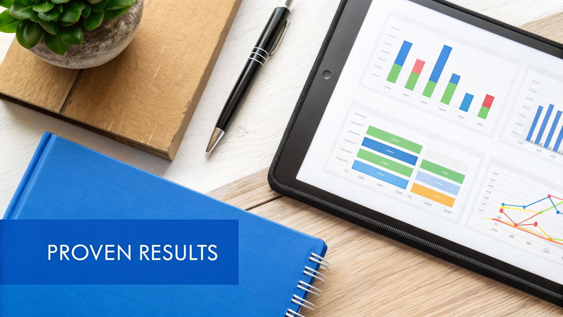 A flat lay of a modern desk with a tablet displaying business charts, a pen, a plant, and a notebook with 'PROVEN RESULTS'.