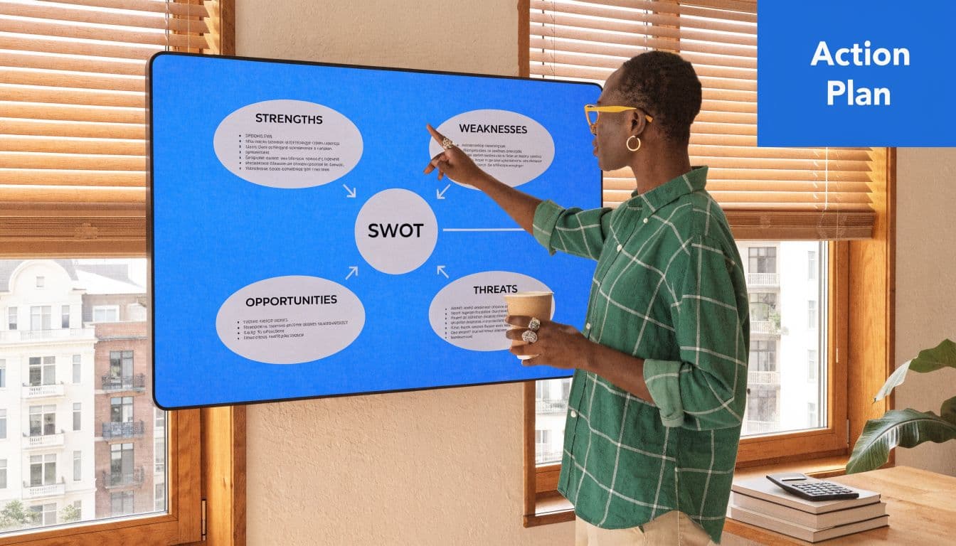 A professional analyzing a SWOT analysis chart on a wall screen in a modern bright office space.