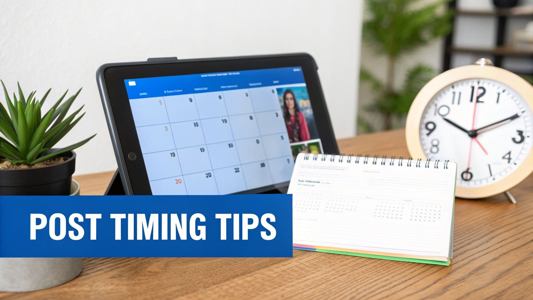 A desk with a tablet displaying a calendar, an alarm clock, and a 'POST TIMING TIPS' banner.