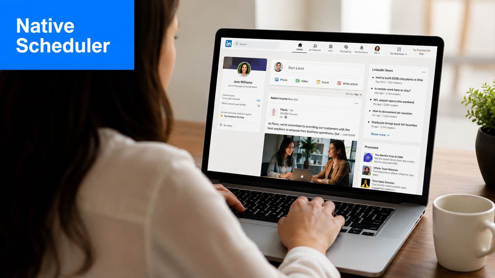 A professional woman using a laptop to schedule content on the LinkedIn social media platform.