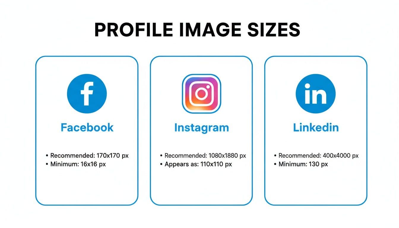 A guide to profile image sizes for Facebook, Instagram, and LinkedIn, detailing recommended and minimum pixel dimensions.
