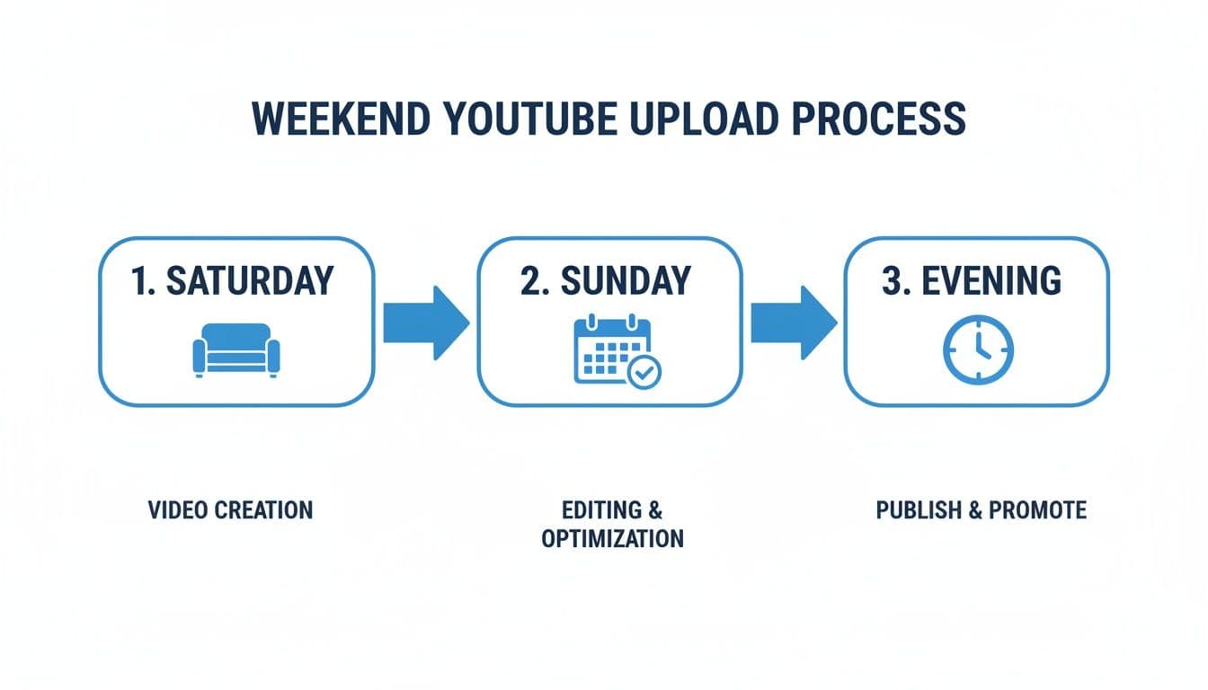 A flowchart outlining the weekend YouTube video upload process: video creation, editing, and publishing steps.