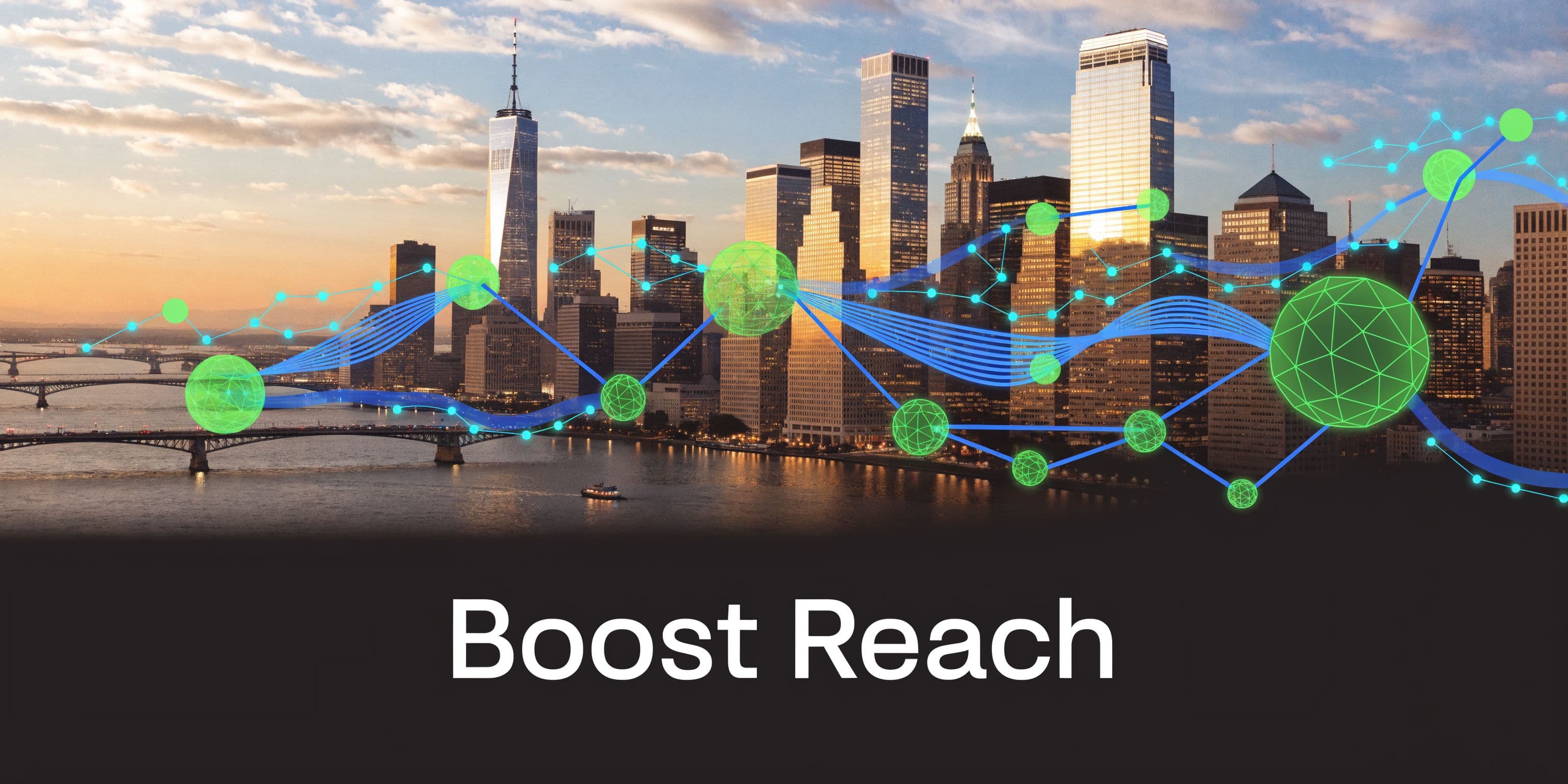 A digital graphic overlaying a network of connected spheres and data lines onto a New York City skyline.