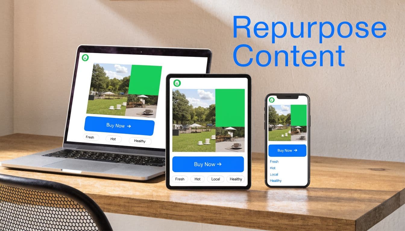 Responsive web design showing a website layout across a laptop, tablet, and smartphone on a desk.