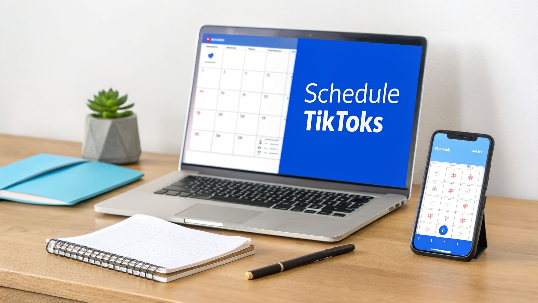 A laptop and smartphone on a desk displaying calendars for scheduling TikToks.