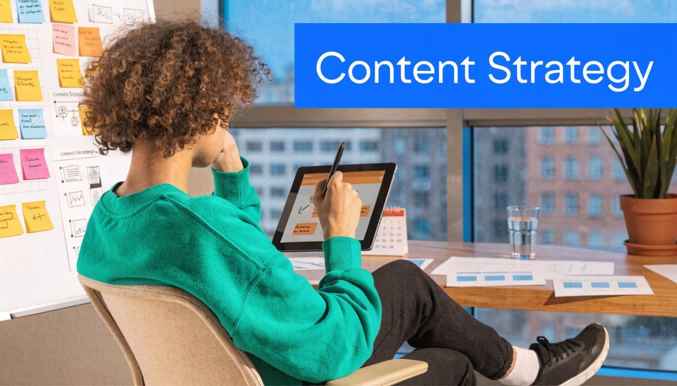A person in a green sweater uses a tablet to work on a content strategy in an office.