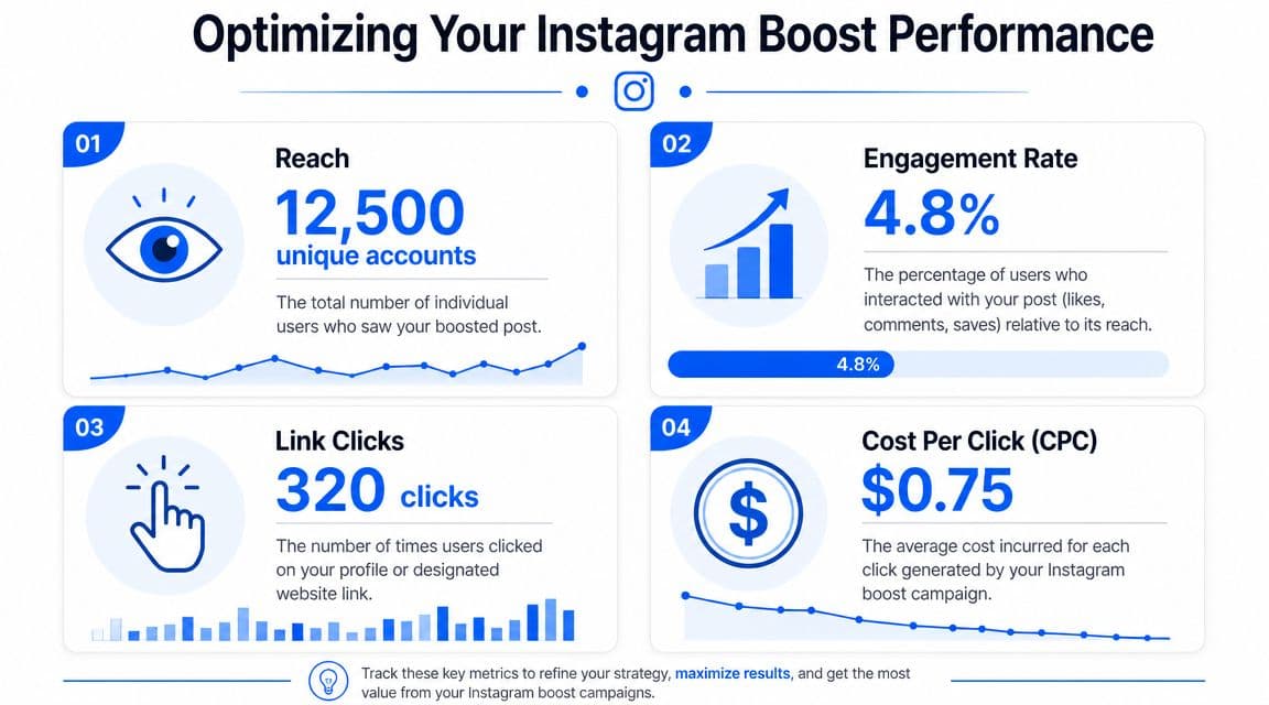 An infographic detailing four key performance metrics for optimizing an Instagram boost post campaign strategy.