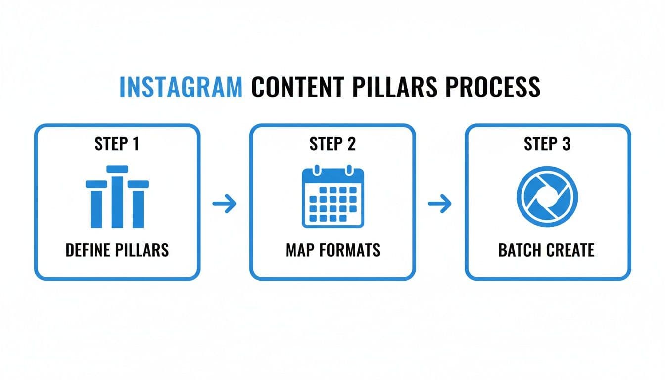 Infographic showing the Instagram content pillars process: define, map formats, then batch create.