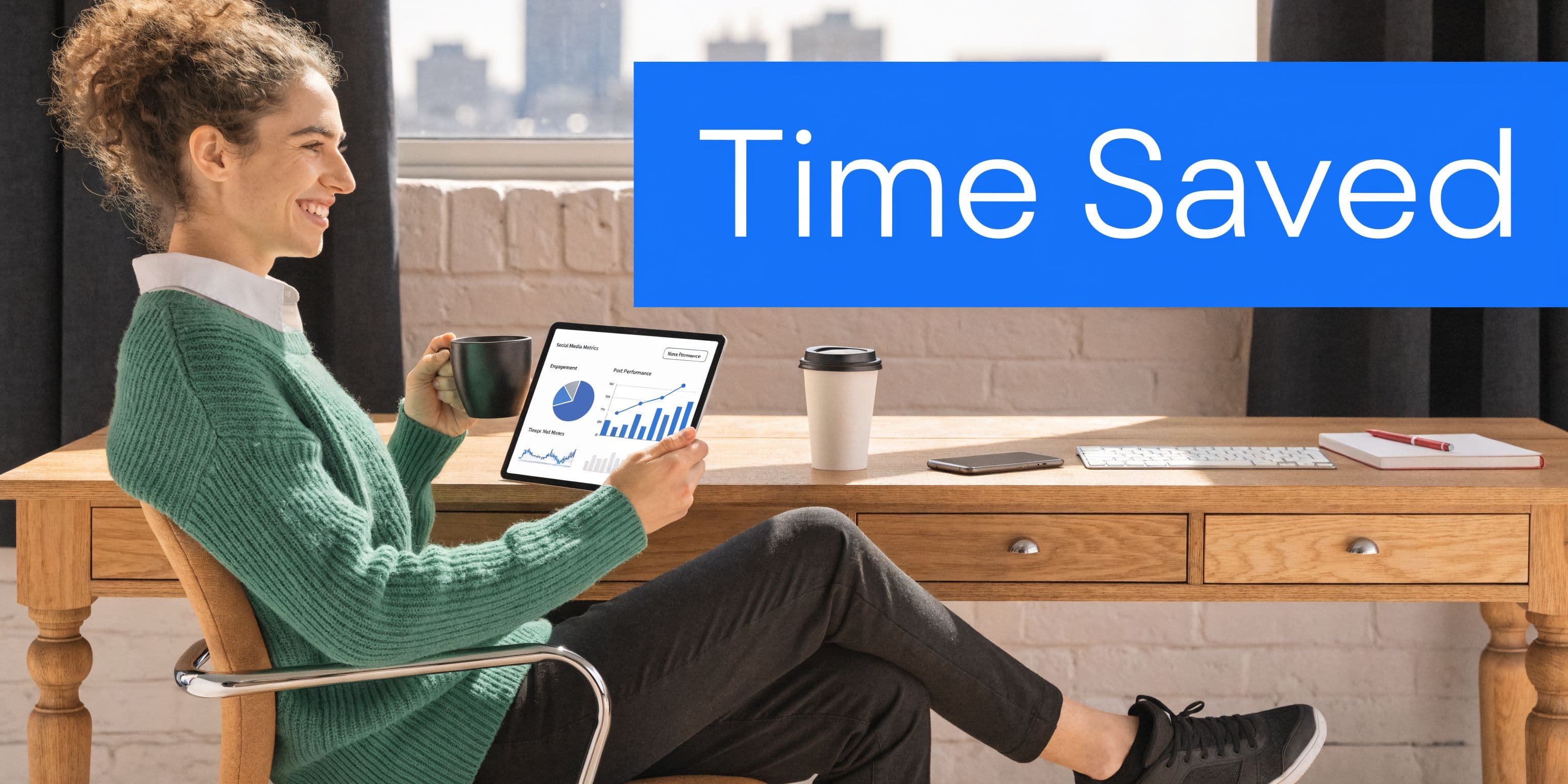 A woman sitting at a desk with a coffee, reviewing social media analytics on a digital tablet.