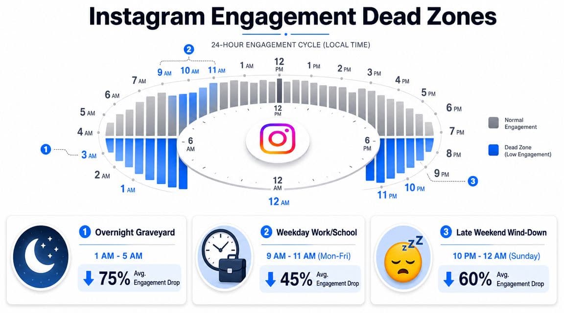 An infographic visualizing Instagram engagement dead zones throughout the day with three specific low engagement time periods.