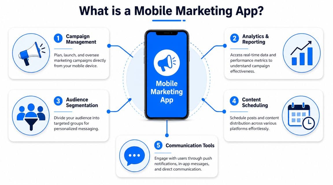 A diagram illustrating the five core functions of a mobile marketing app, including management and analytics.