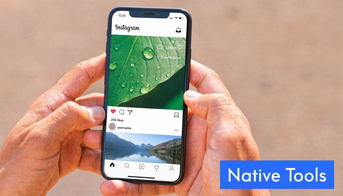 A person holding a smartphone showing an Instagram feed with a leaf photo and reposting options.