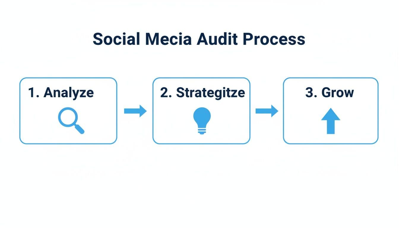 Infographic illustrating the social media audit process: analyze, strategize, and grow.