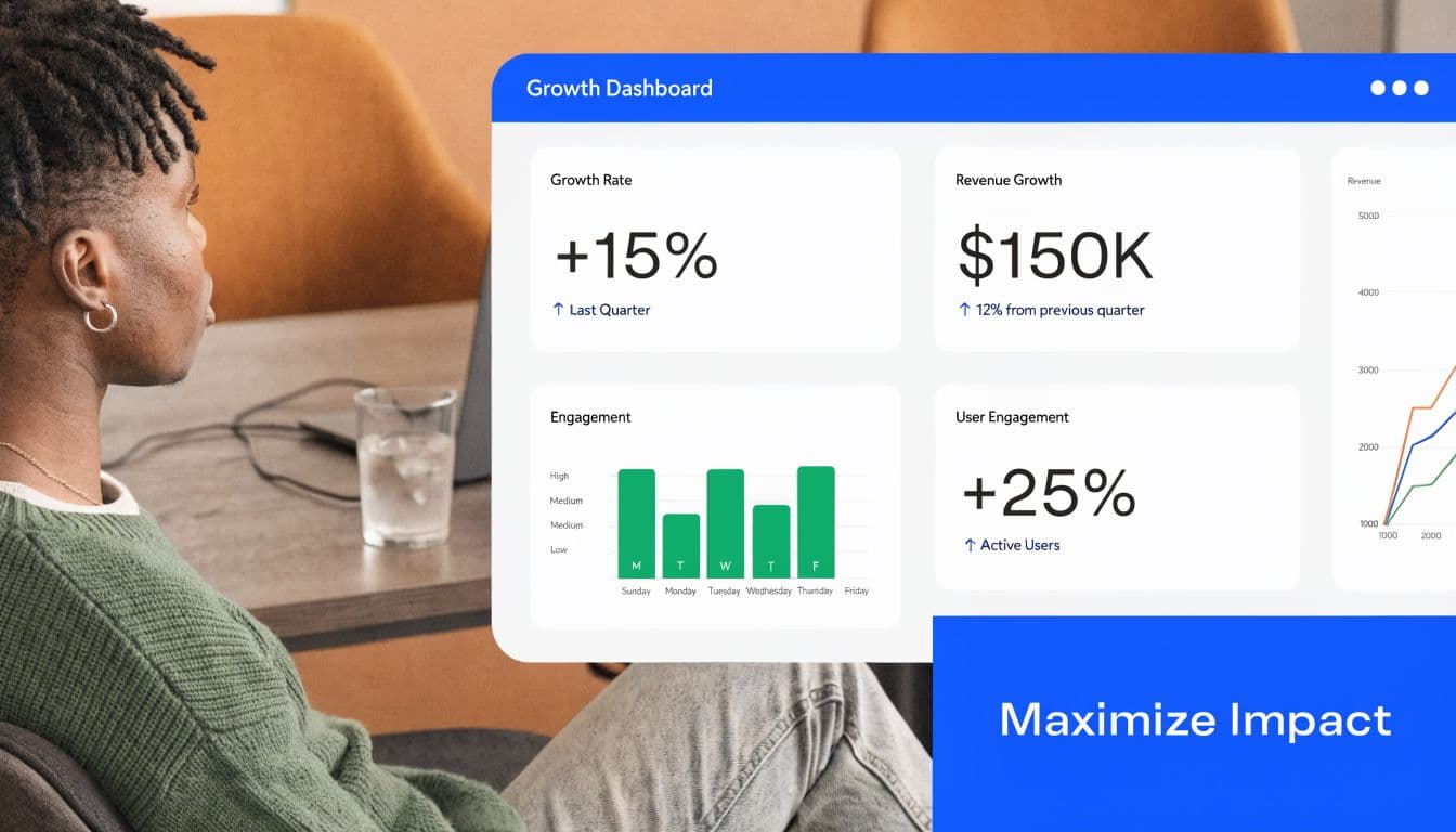 A person looking at a digital growth dashboard displaying business metrics like revenue and user engagement statistics.