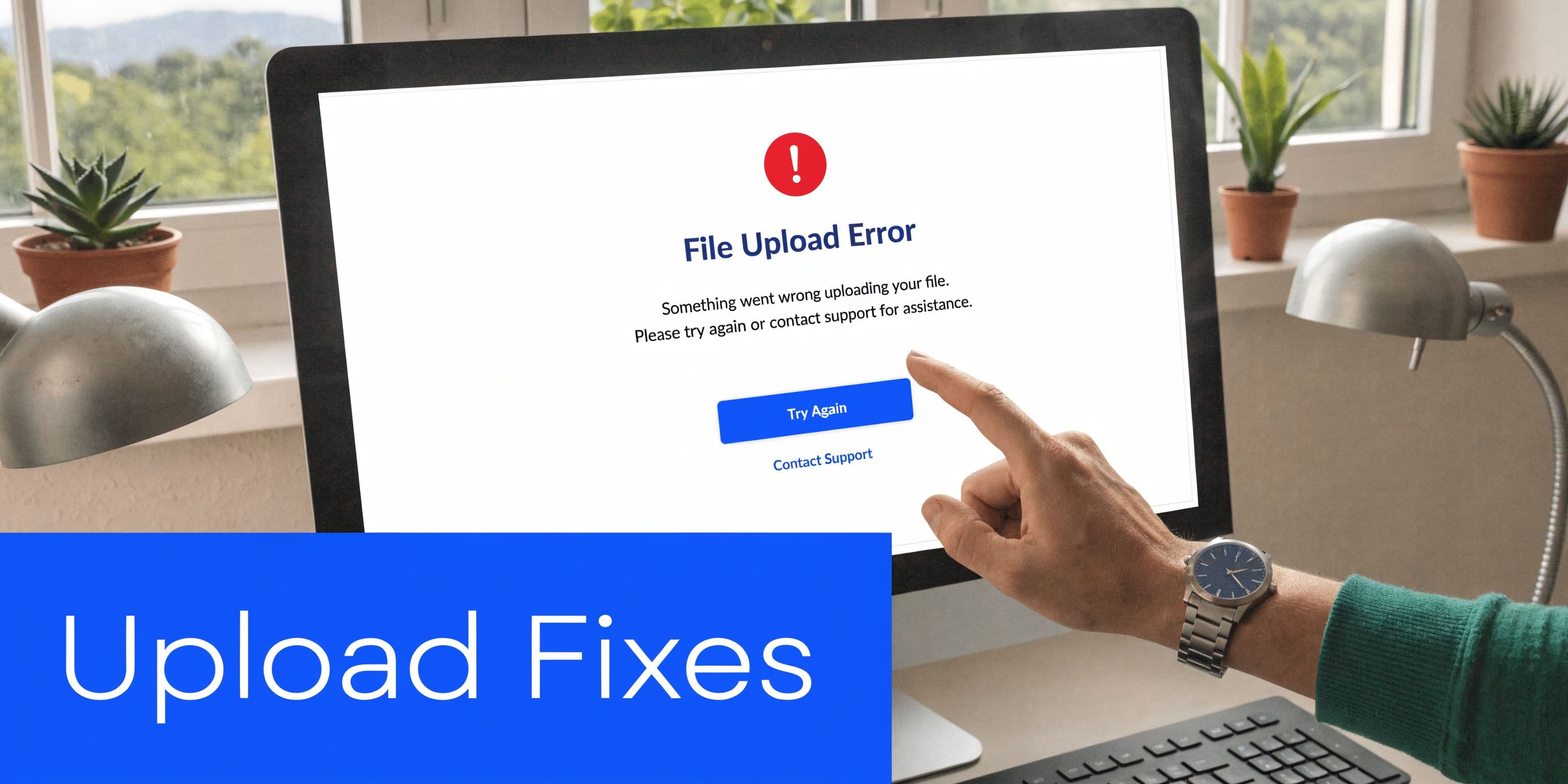 A computer screen showing a file upload error message while a person points at the screen
