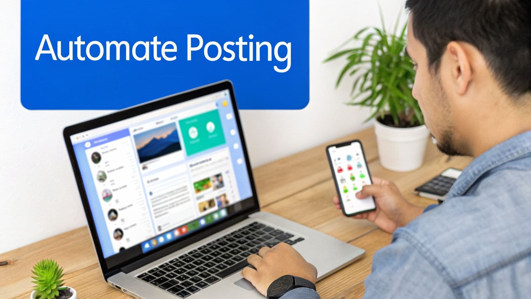 A man is automating posting on a laptop and smartphone, featuring the text 'Automate Posting'.