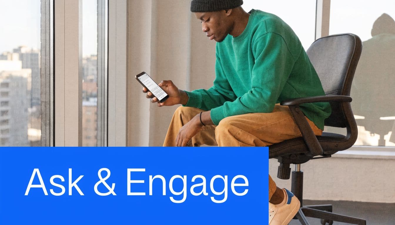 A young man sitting on a chair looking at his smartphone with a blue Ask and Engage banner.