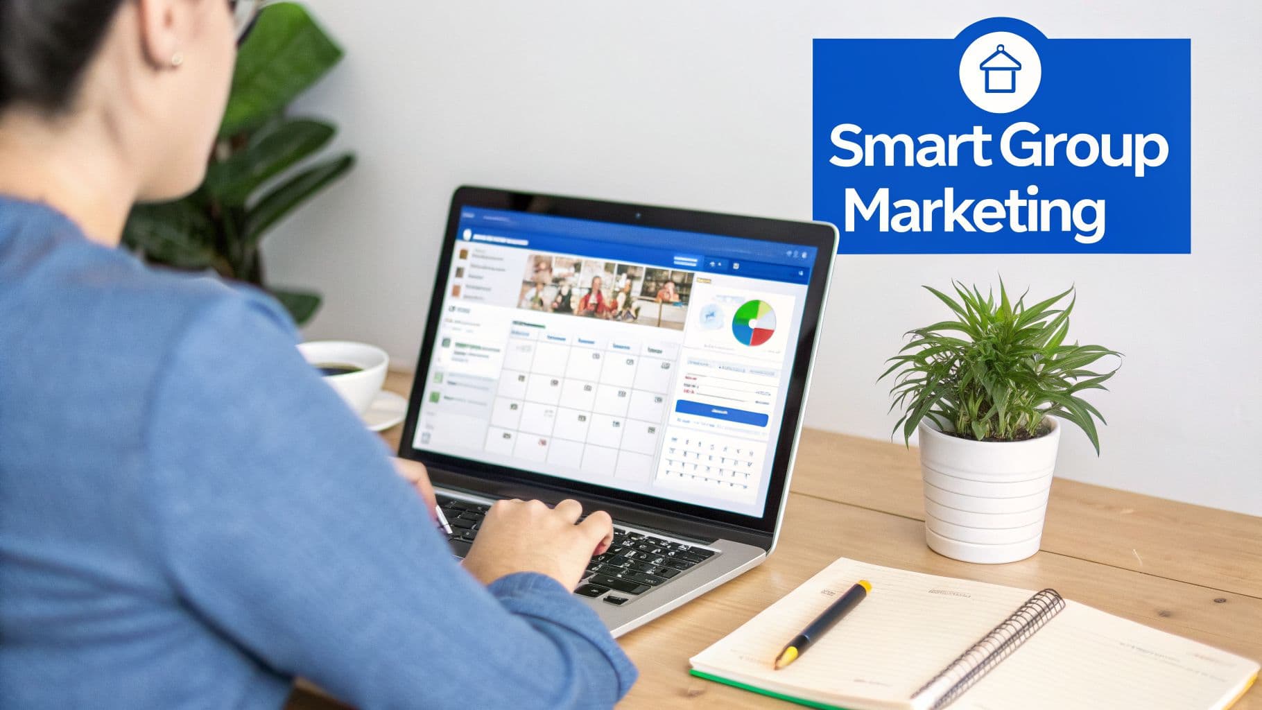 A person works on a laptop displaying a social media marketing dashboard for smart group marketing.