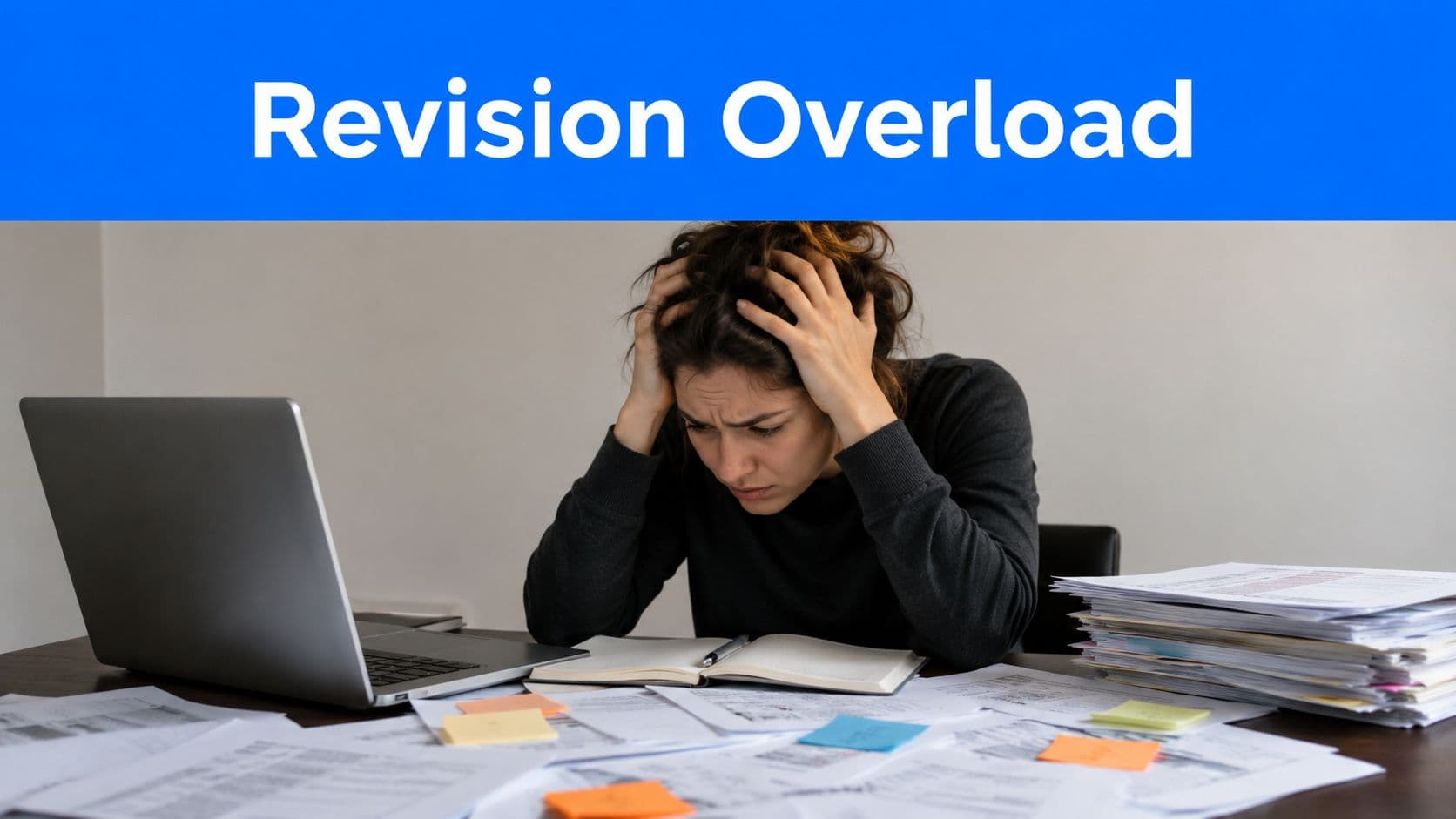 A stressed student sitting at a desk with a laptop and piles of paperwork while studying.