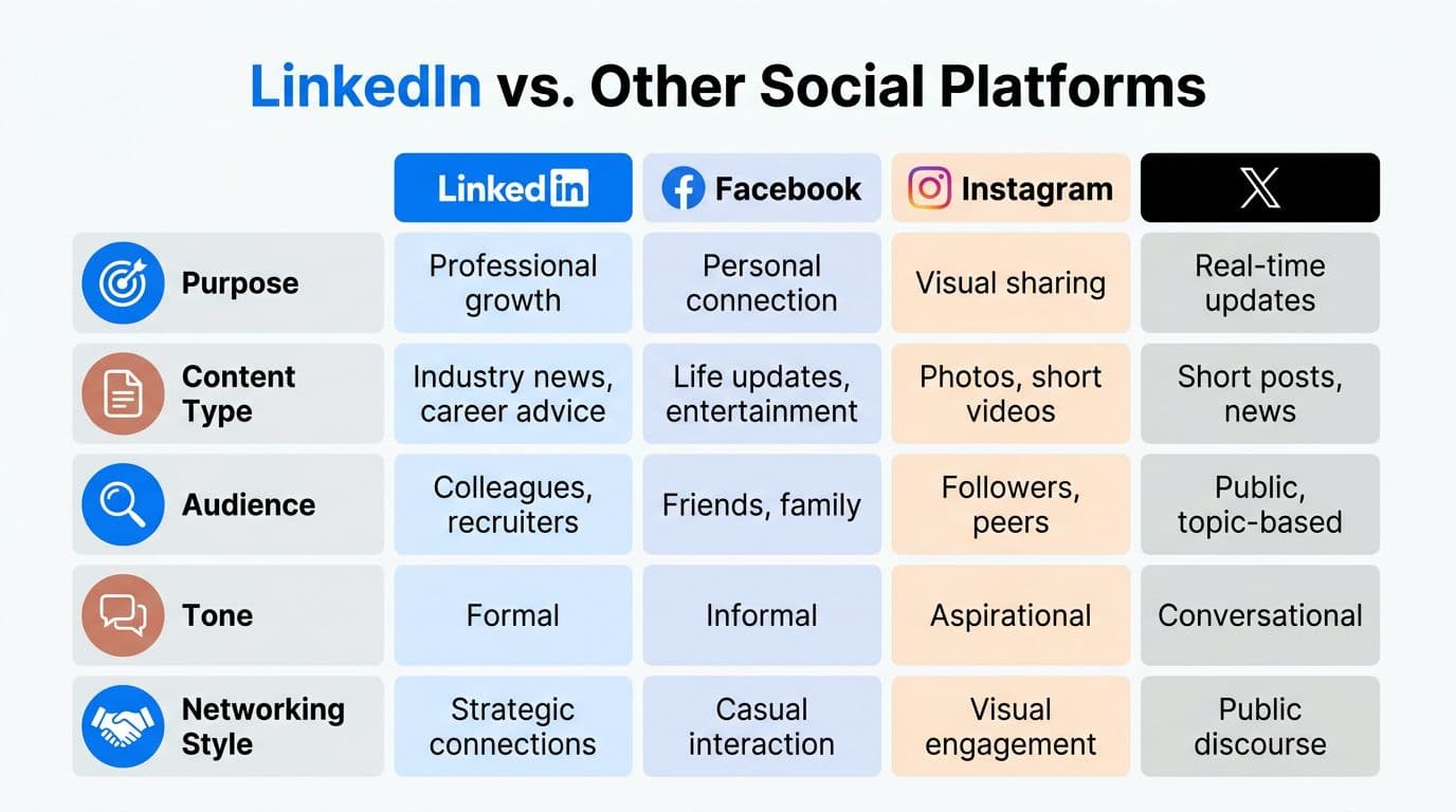 A comparison chart outlining differences between LinkedIn, Facebook, Instagram, and X regarding purpose, content, audience, tone, and networking.