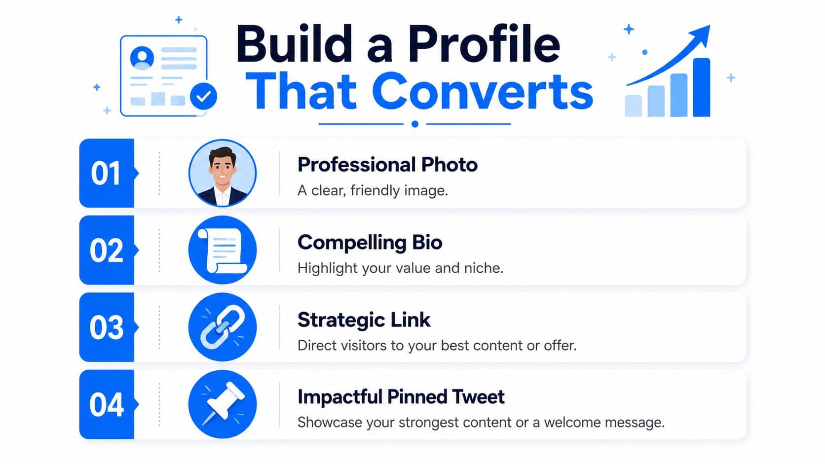 A graphic illustration detailing four essential tips to build a professional and high-converting social media profile.