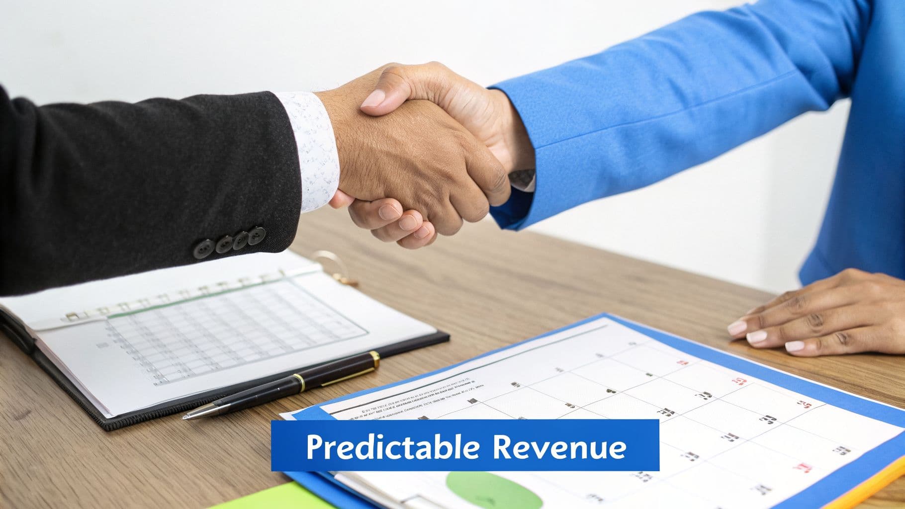 Two business people shaking hands over a desk with documents and a calendar.