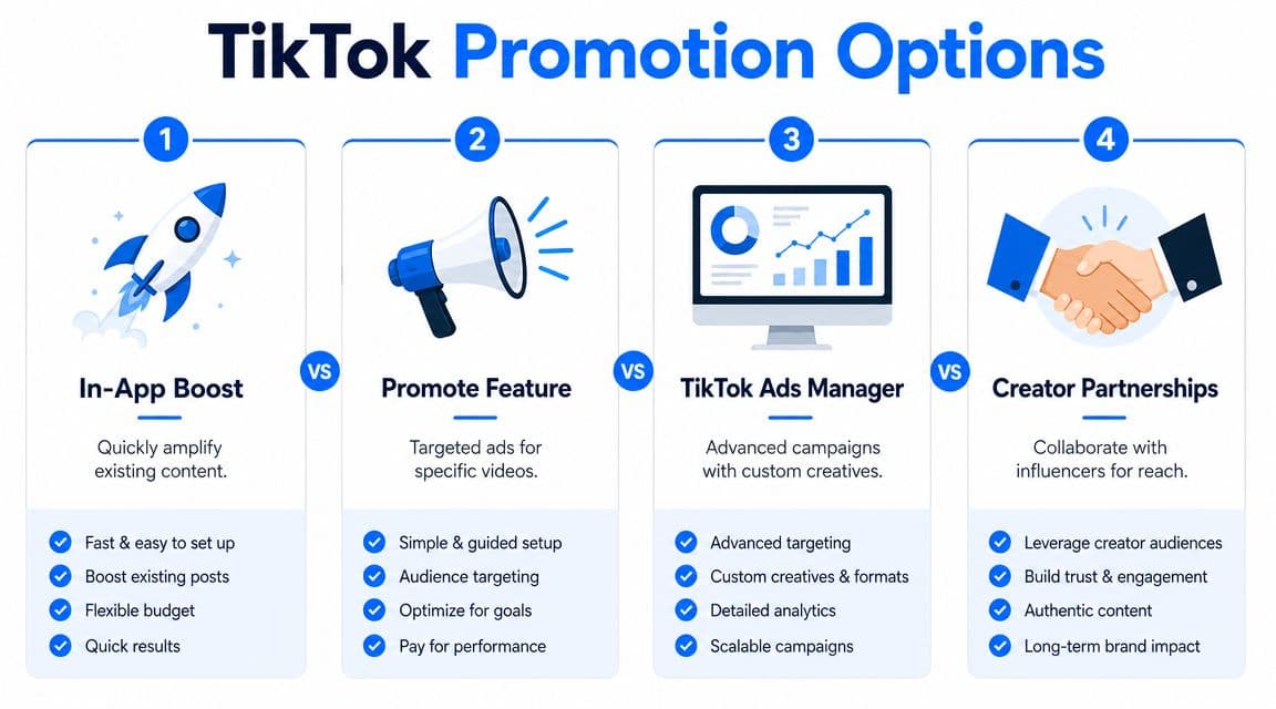 An infographic titled TikTok Promotion Options comparing four methods for advertising including boosting, promoting, ads manager, and partnerships.