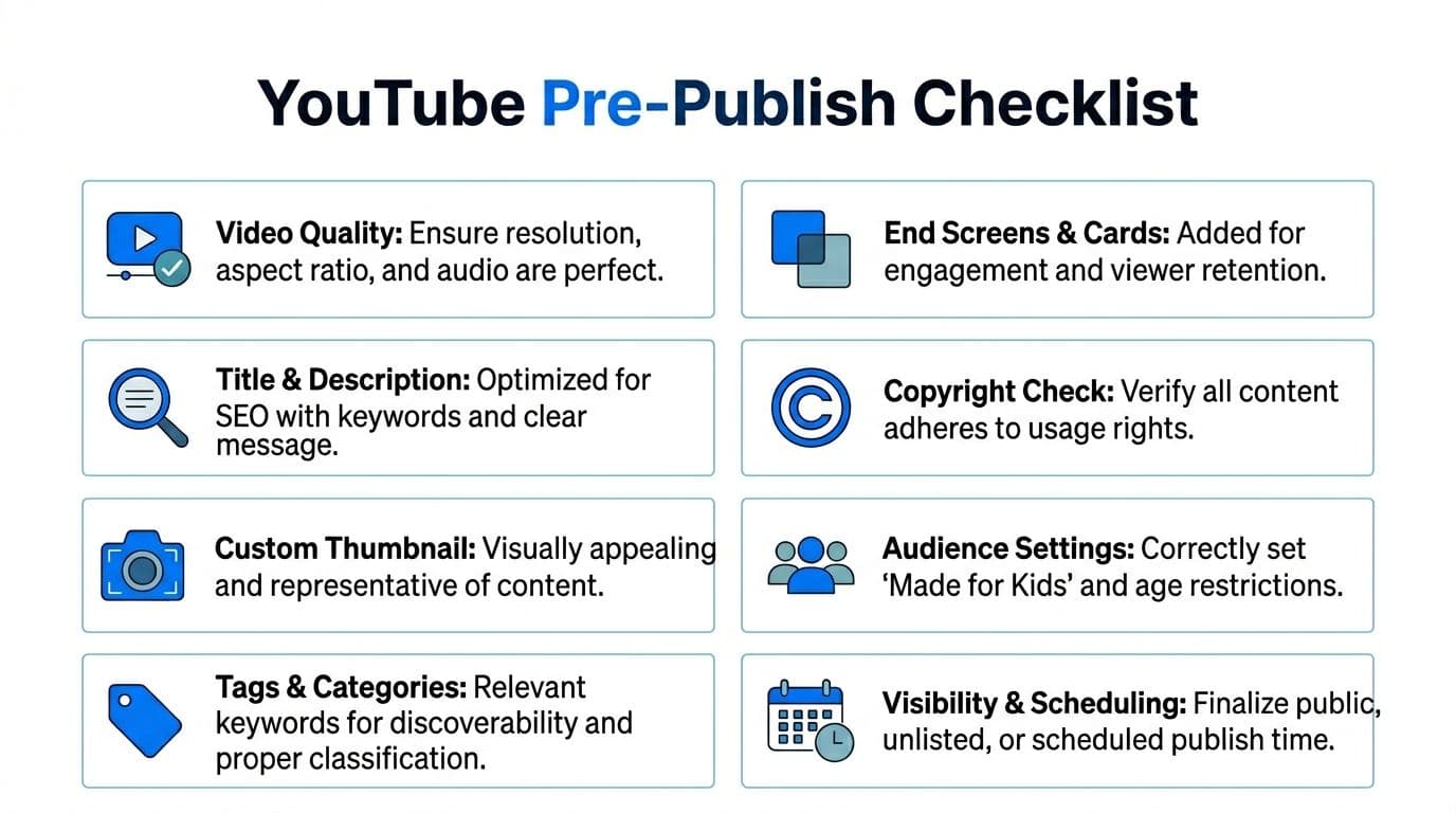 An infographic titled YouTube Pre-Publish Checklist, listing eight essential steps for creators before publishing their video content.