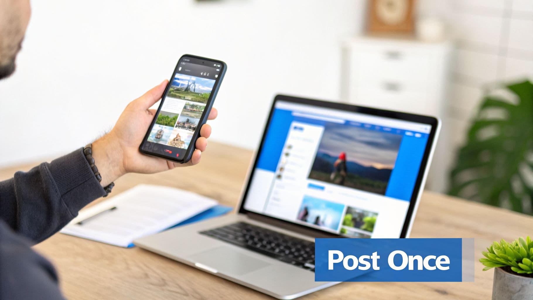 Person using a smartphone and laptop simultaneously for content posting, likely on social media platforms.