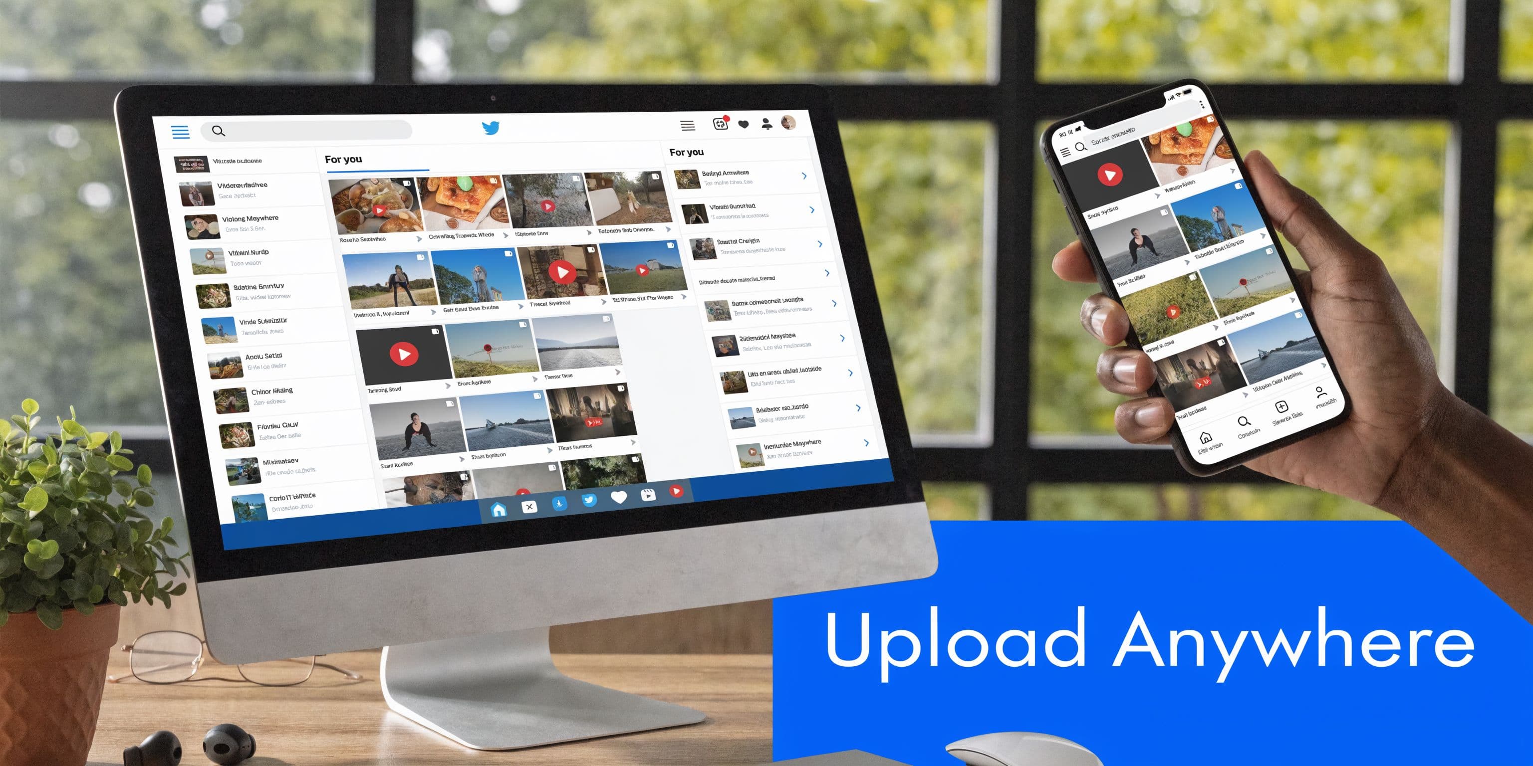 A computer monitor and a smartphone displaying a social media video platform with the text Upload Anywhere.