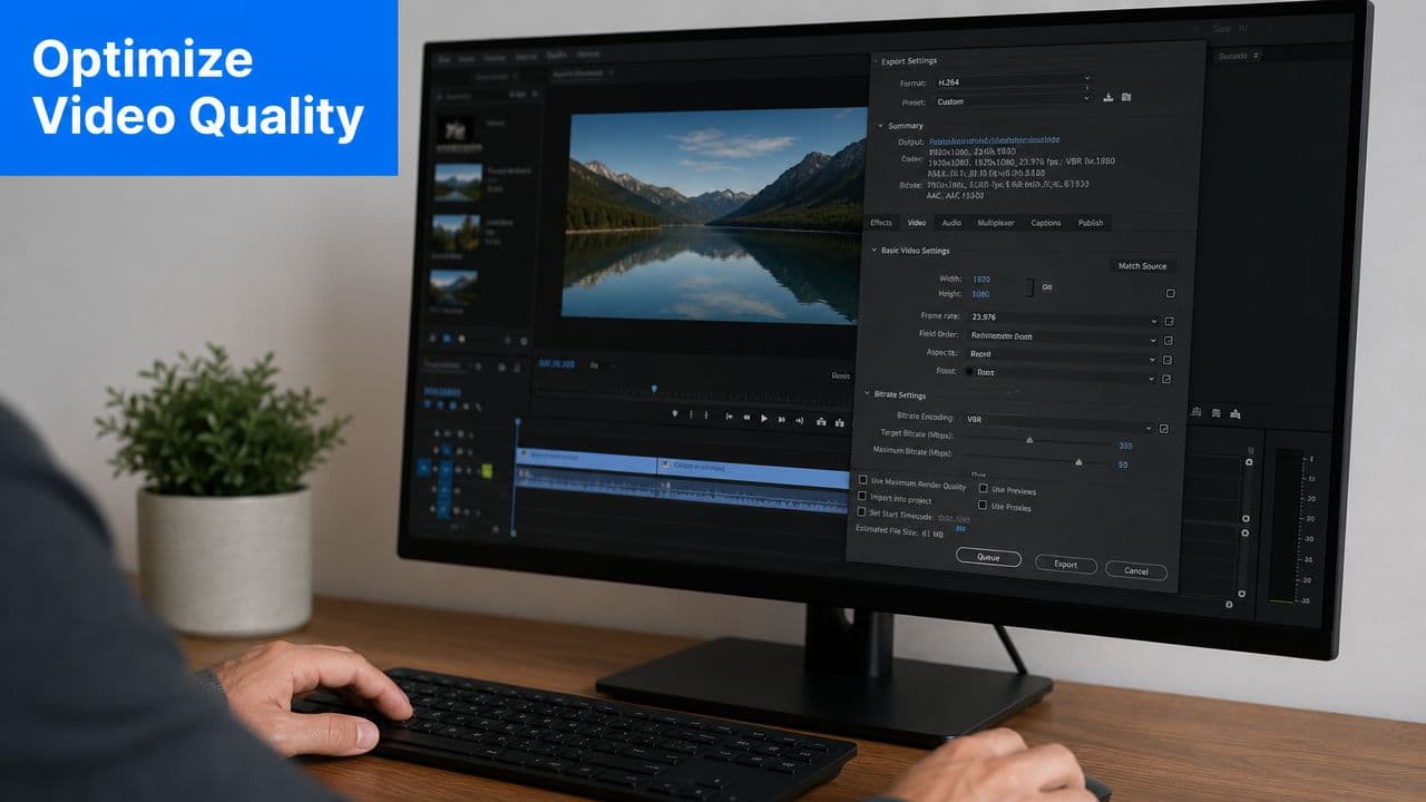 A video editor adjusting export settings for a project on a desktop computer monitor in an office.