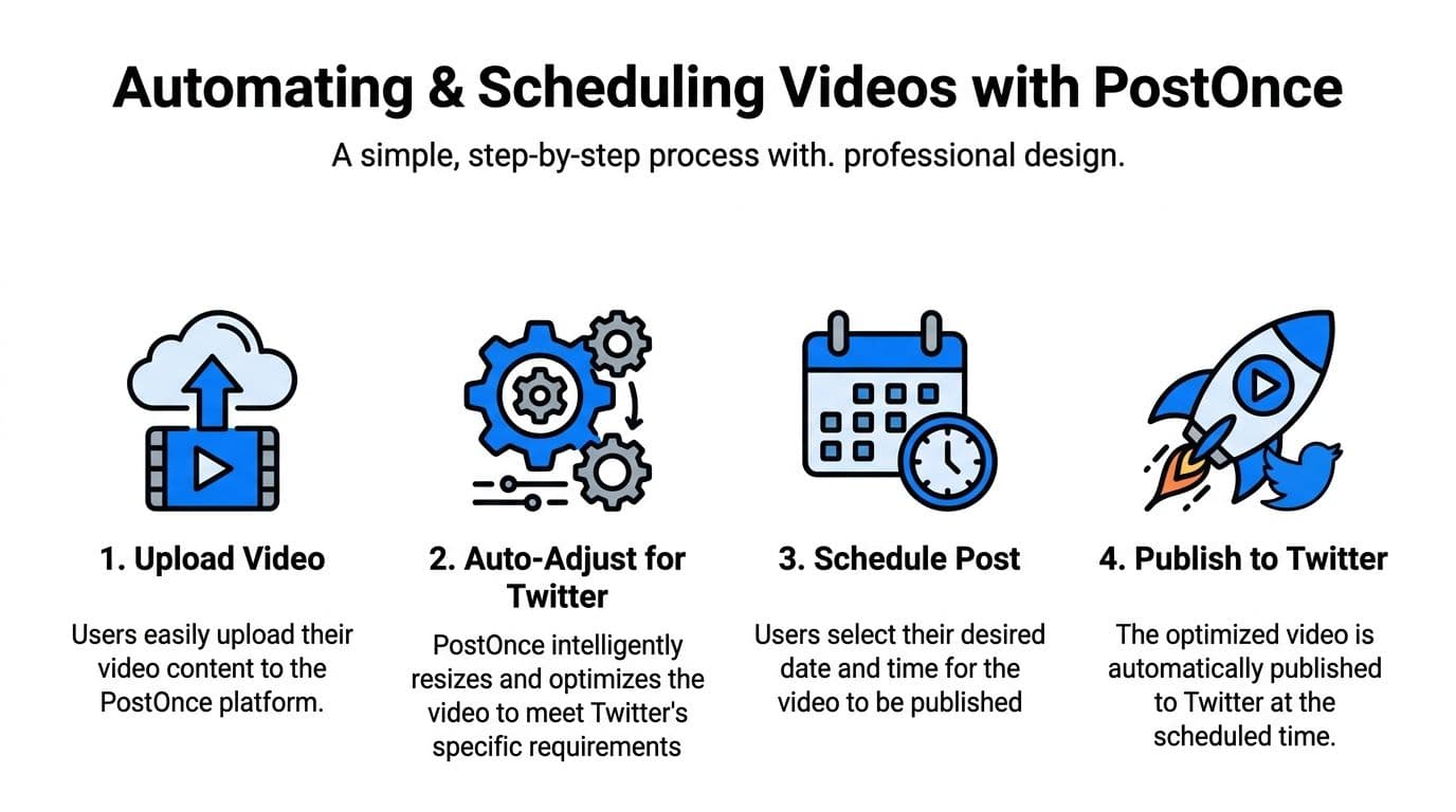 A four-step infographic illustrating the PostOnce process for uploading, optimizing, scheduling, and publishing videos to Twitter.