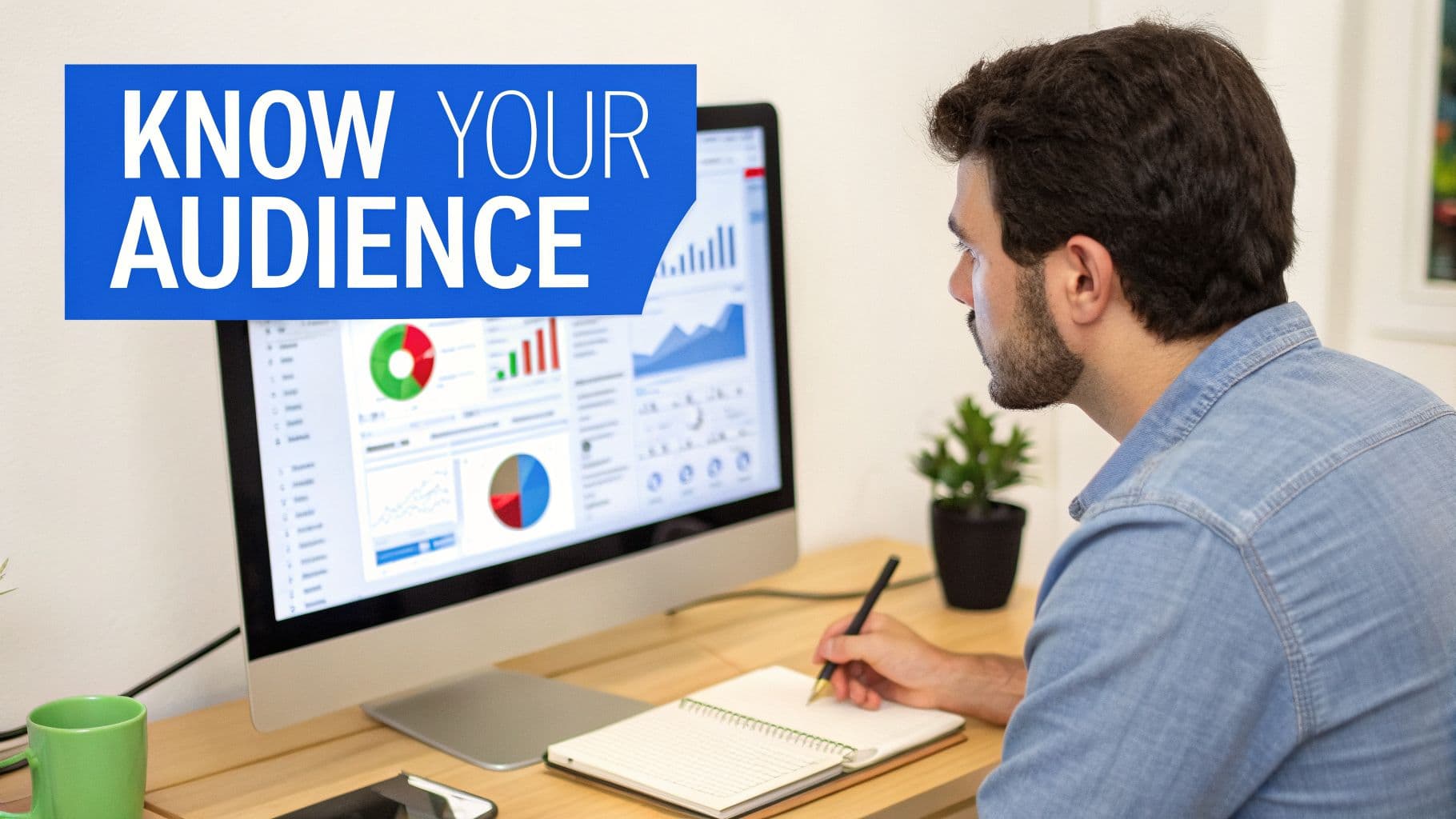 A man analyzes data on a computer screen, taking notes, with a 'KNOW YOUR AUDIENCE' banner visible.