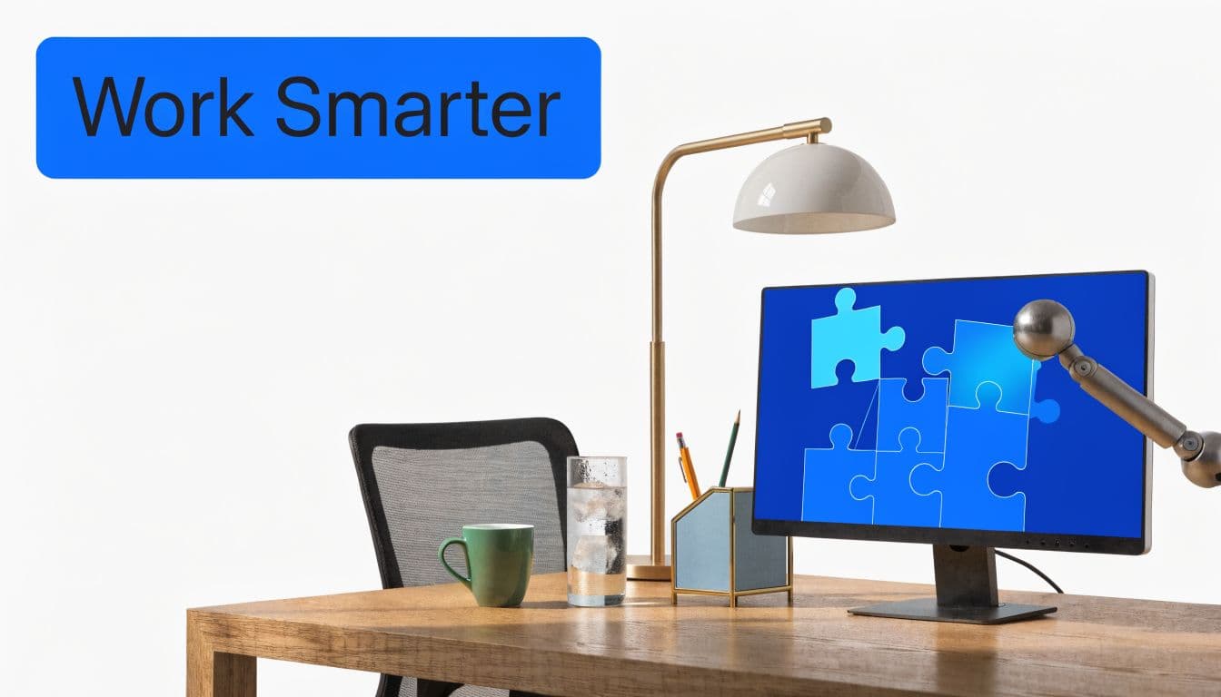 A clean office workspace with a computer screen displaying a blue puzzle and a desk lamp.