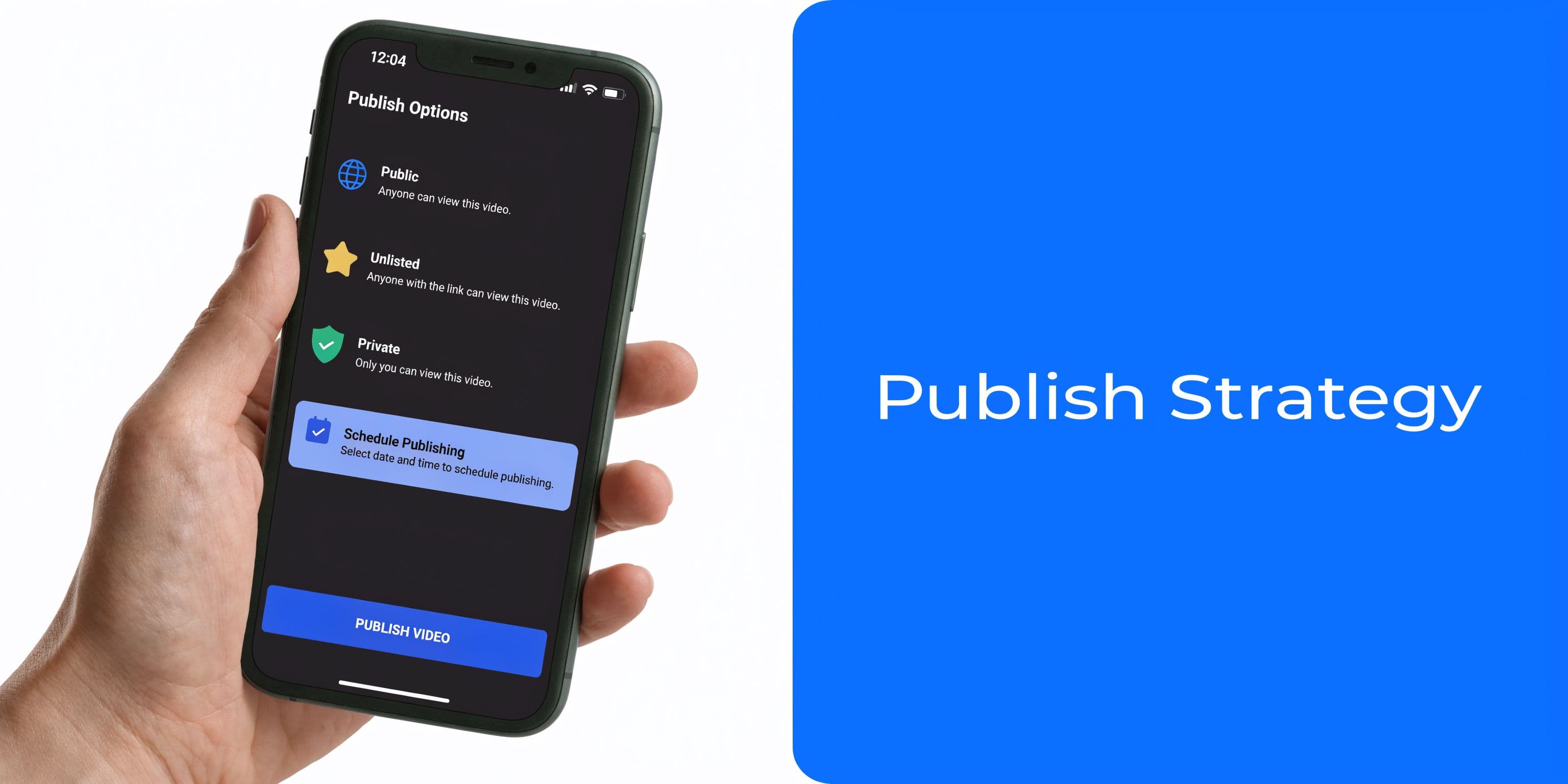 A hand holding a smartphone displaying a video publishing options menu with scheduling features on screen.