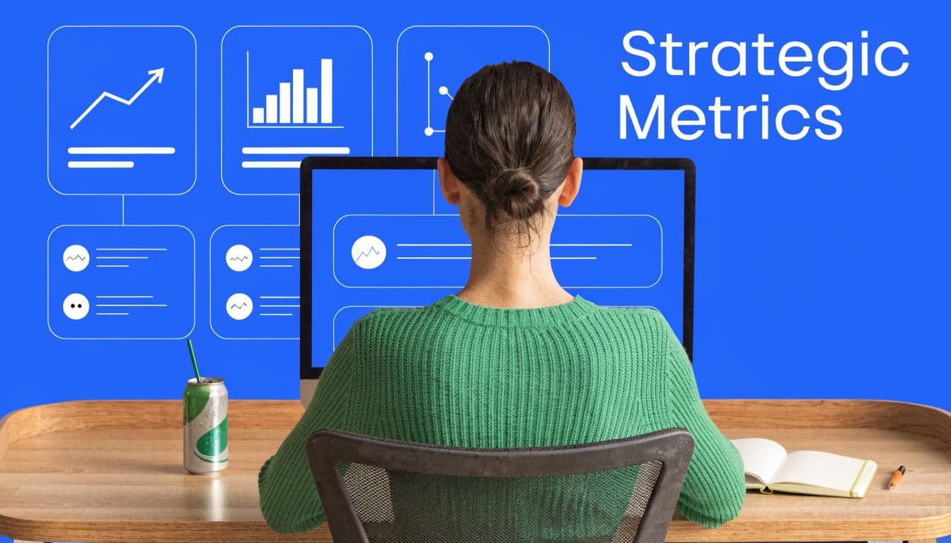 A person viewed from behind working on a computer screen displaying various strategic metrics and data charts.