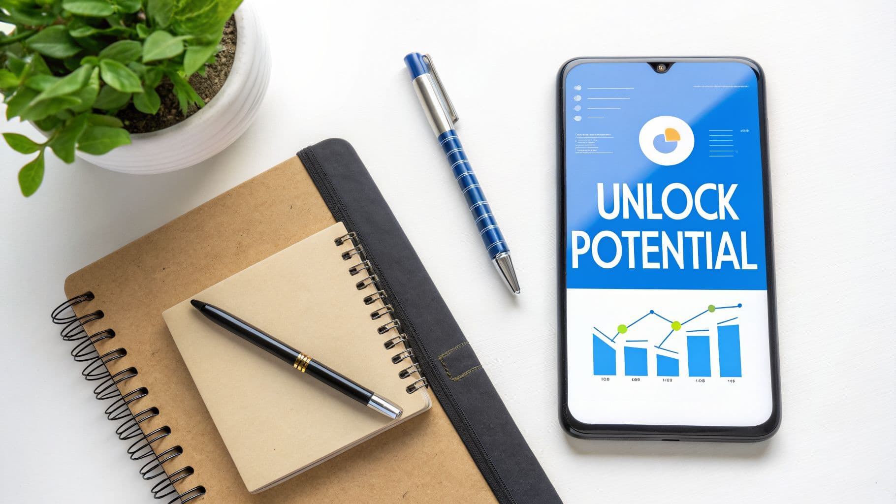 A flat lay shows a desk with a plant, notebooks, pens, and a smartphone displaying 'Unlock Potential' with charts.