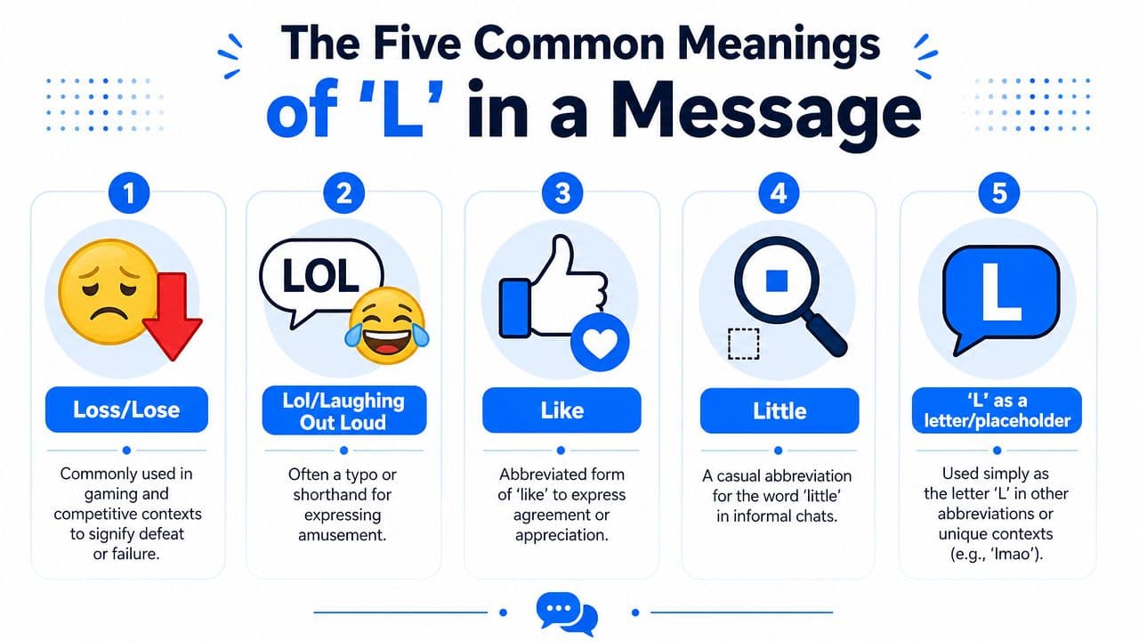 An infographic showing the five common meanings of the letter L used in text messages.